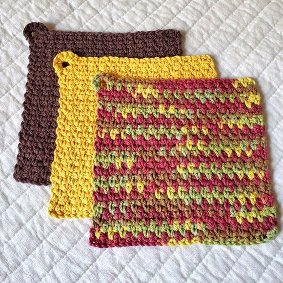 3 CROCHET DISHCLOTH WASHCLOTH 100% COTTON HANDMADE NEW Brown Yellow Green Fall - Picture 6 of 11